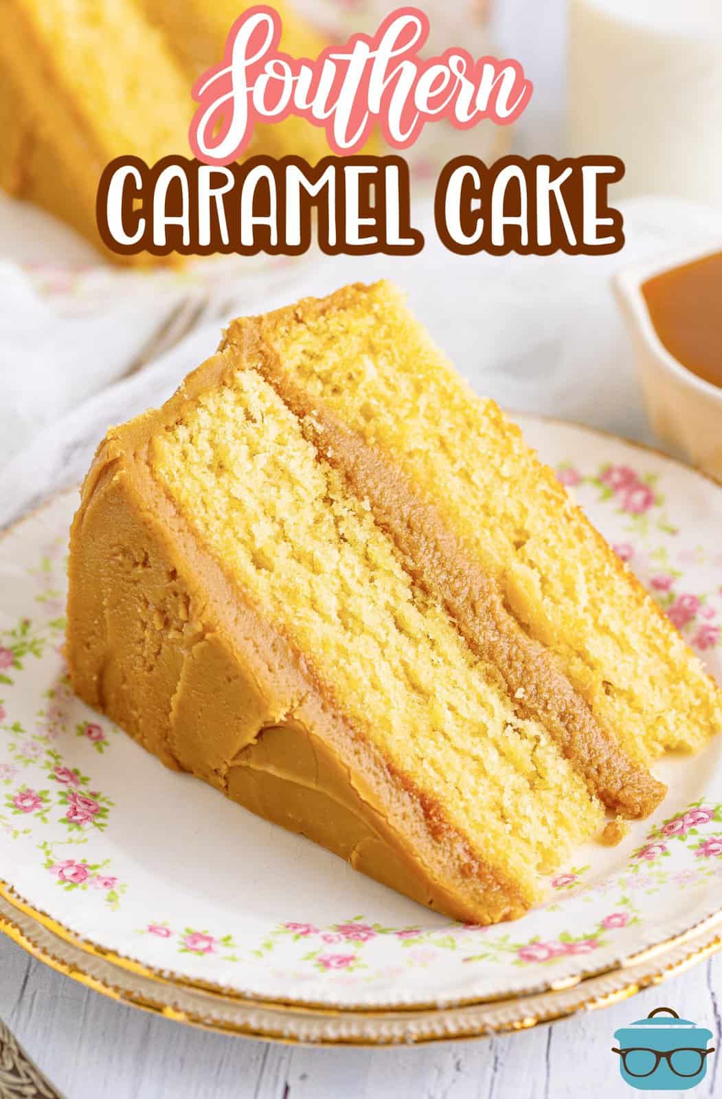 Pinterest image of a slice of Southern Caramel Cake on flower plate.