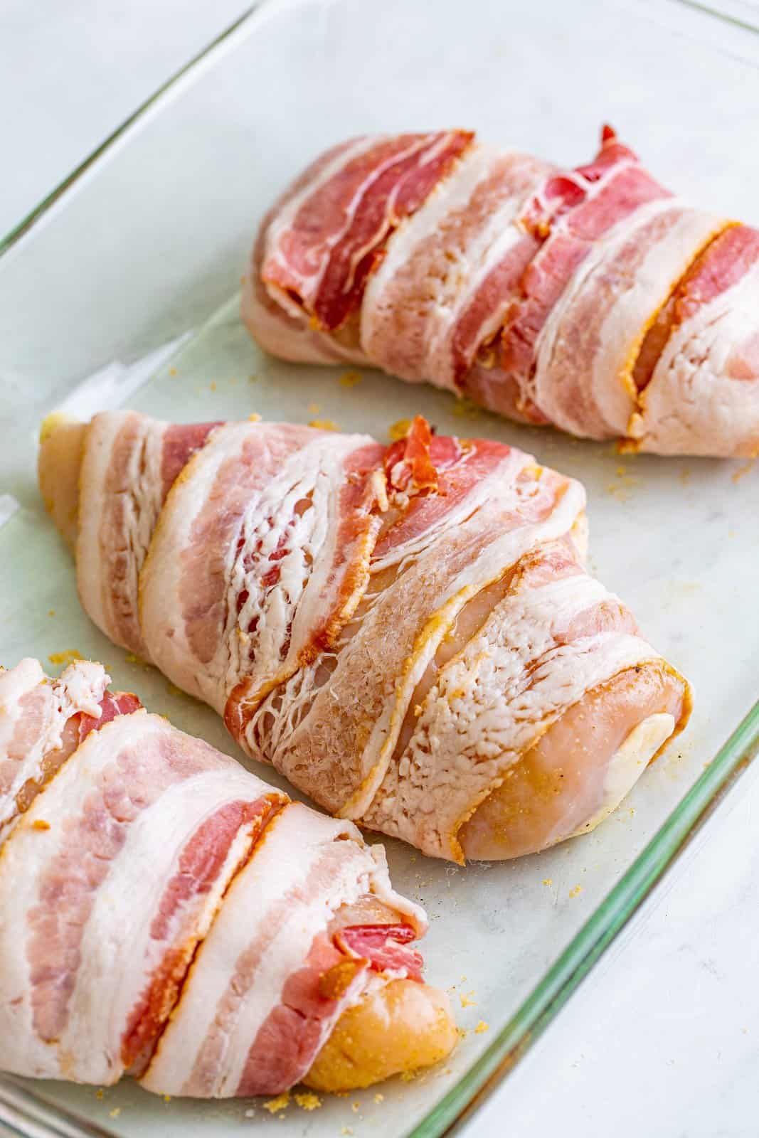 Chicken wrapped in bacon.