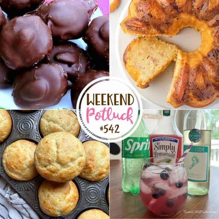 Weekend Potluck featured recipes include: Homemade Almond Joys, Peach Cobbler Pound Cake, Buttermilk Muffins and Lemonade Moscato Wine Spritzer.