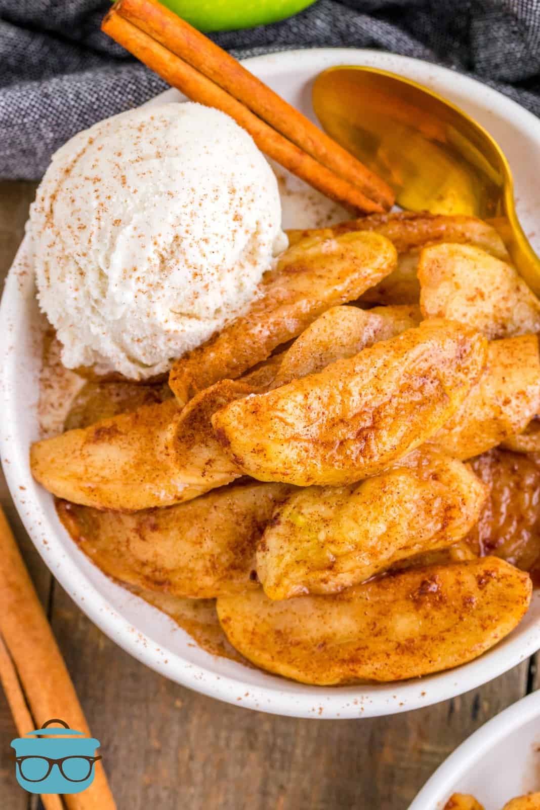 Overhead of Air Fryer Fried Apples in white bowl with ice cream.
