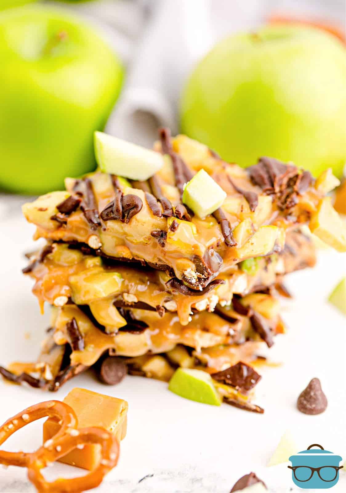 Stacked slices of the Caramel Apple Bark.