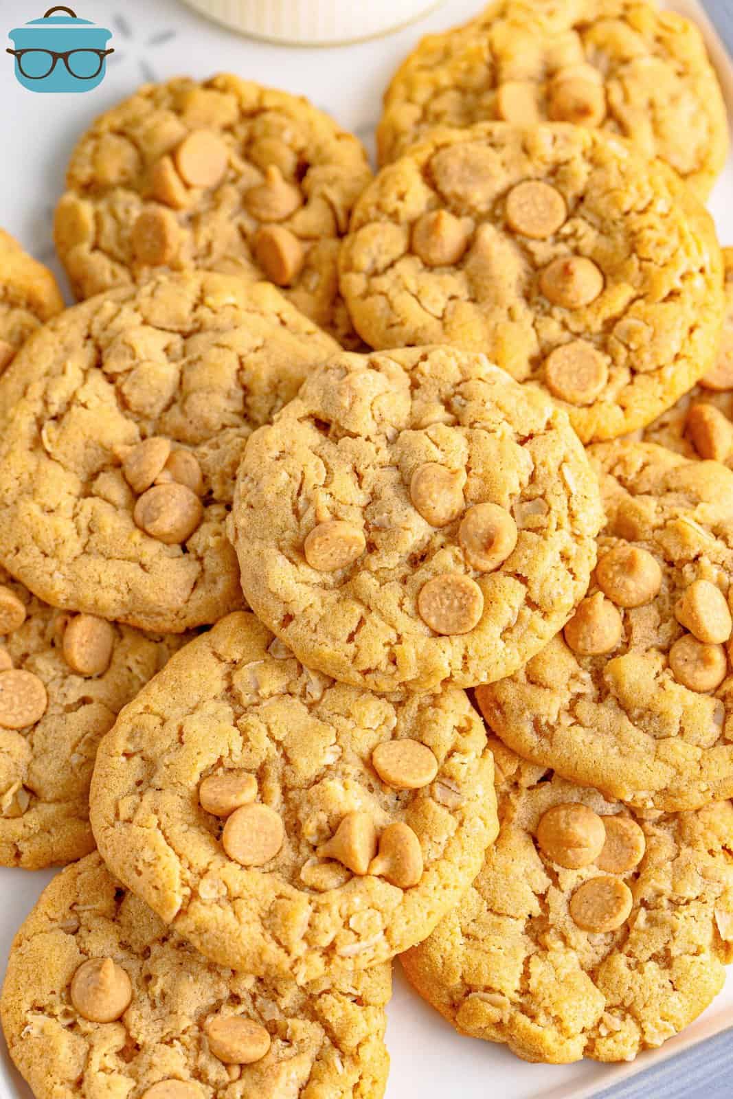 Overhead photo of Peanut Butter Oatmeal Cookies stacked on top of one another.