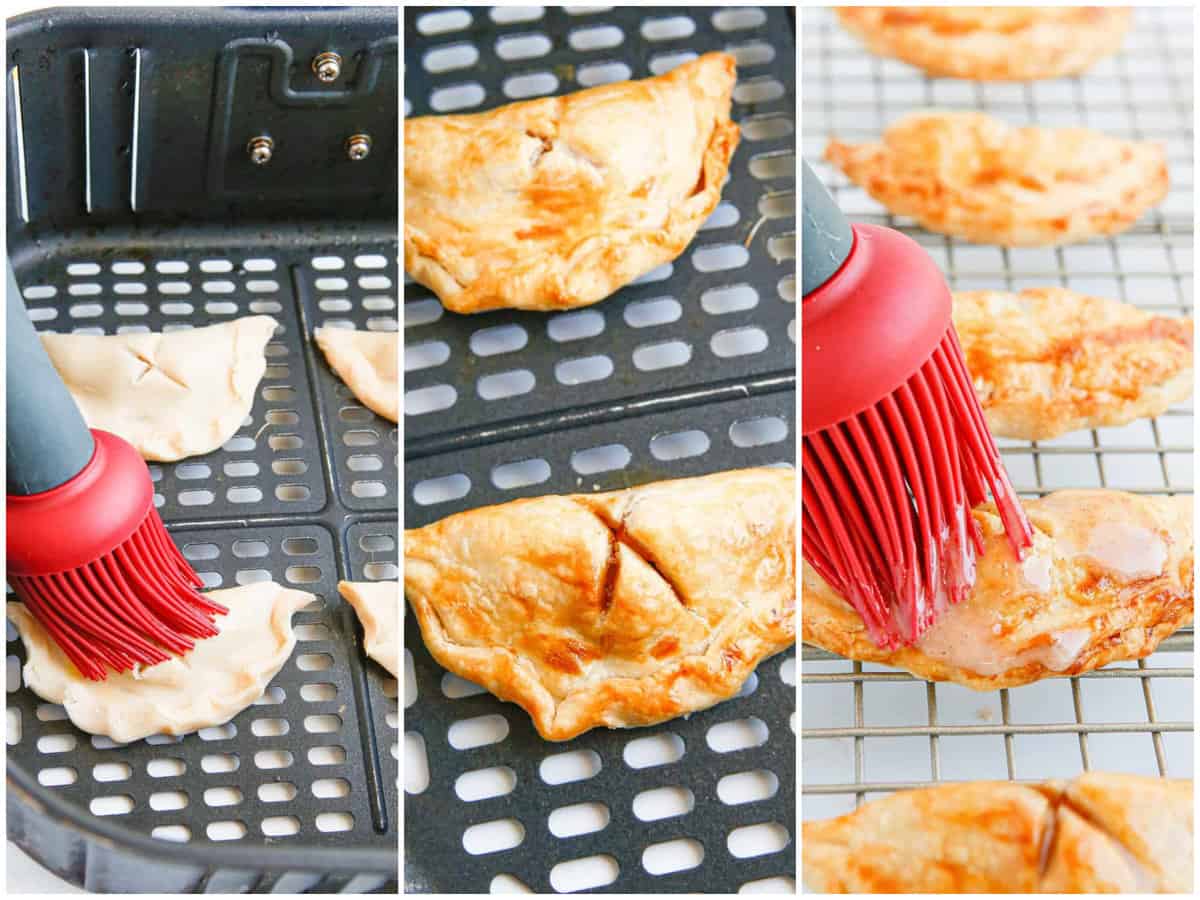 collage of three photos: uncooked hand pies in air fryer basket being brushed with egg wash; finished hand pies in air fryer basket; pastry brush brushing hand pies with glaze.