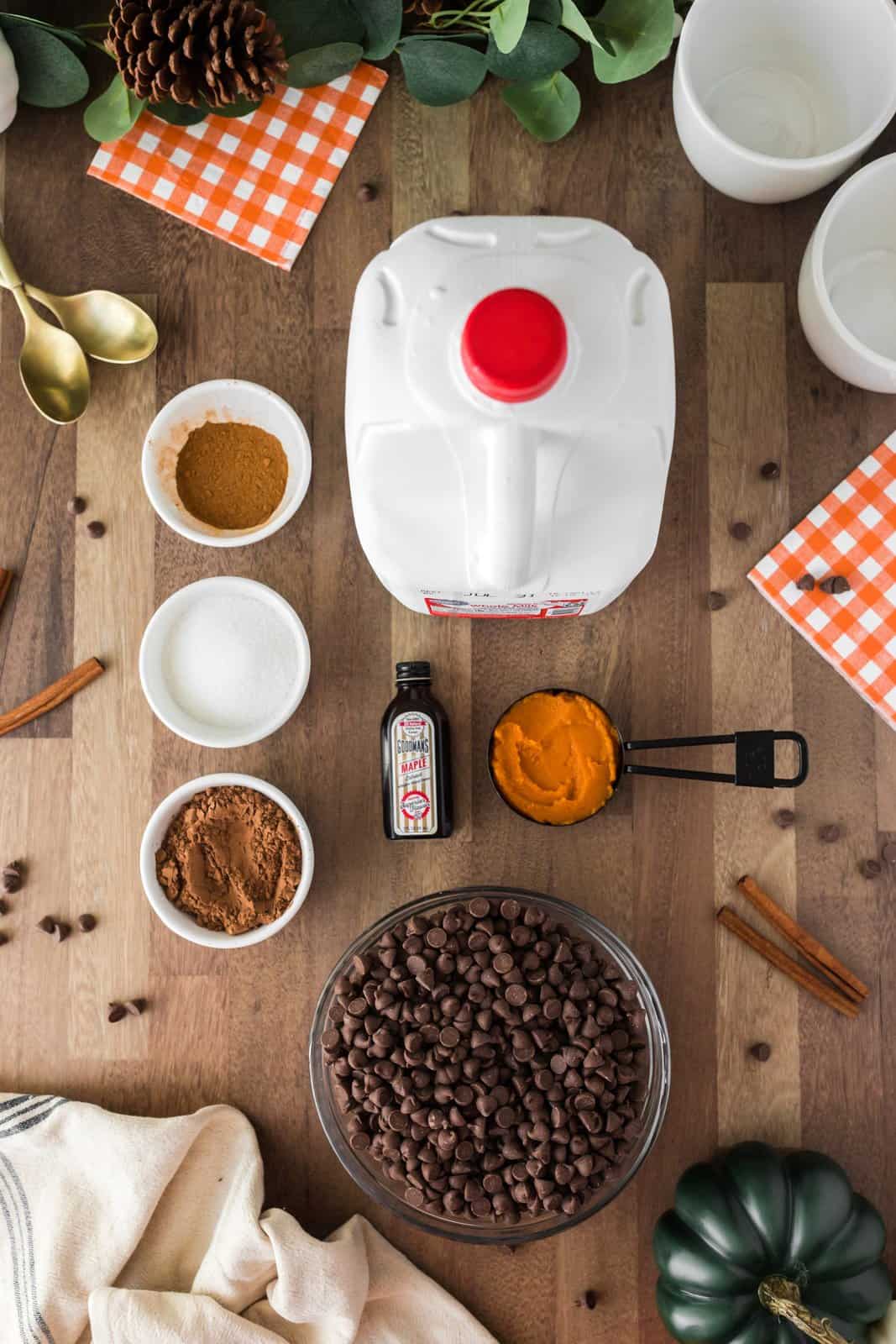 Ingredients needed: whole milk, pumpkin puree, unsweetened cocoa powder, granulated sugar, milk chocolate chips, pumpkin pie spice, marshmallows (optional), whipped cream (optional) and chocolate sauce (optional).