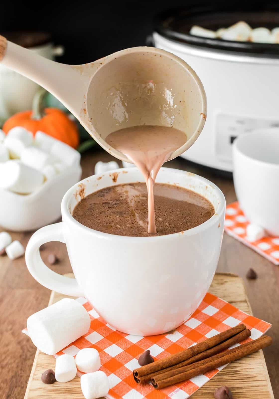 Ladle pouring hot chocolate into mug.