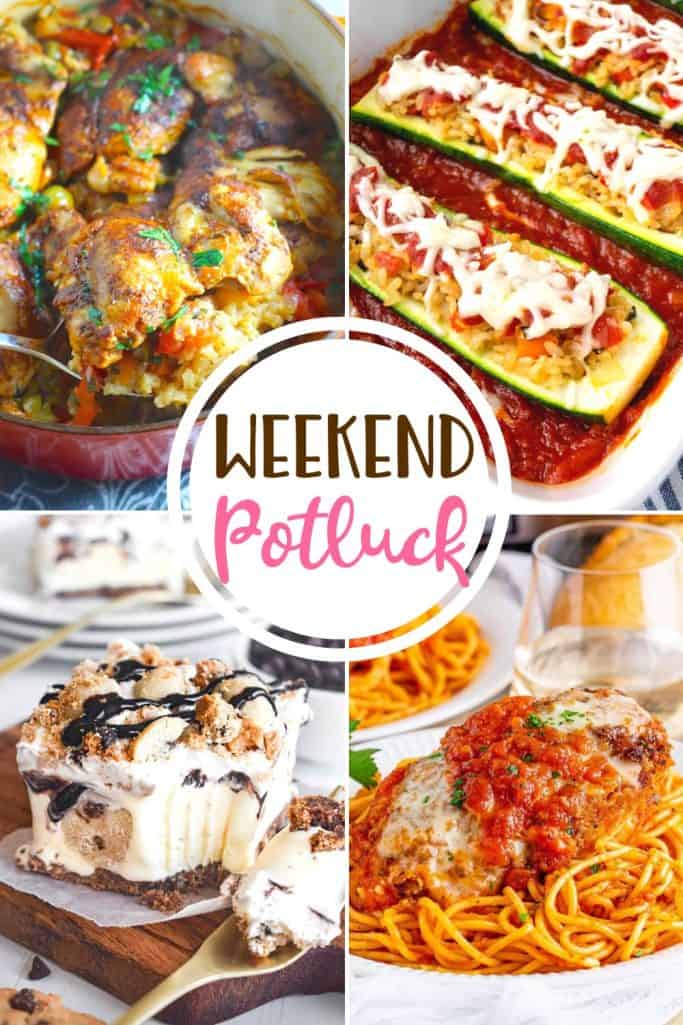 Weekend Potluck featured recipes: One Pot Spanish Chicken and Rice, Cookie Dough Ice Cream Dessert, Italian Rice Stuffed Zucchini, Crock Pot Chicken Parmesan.