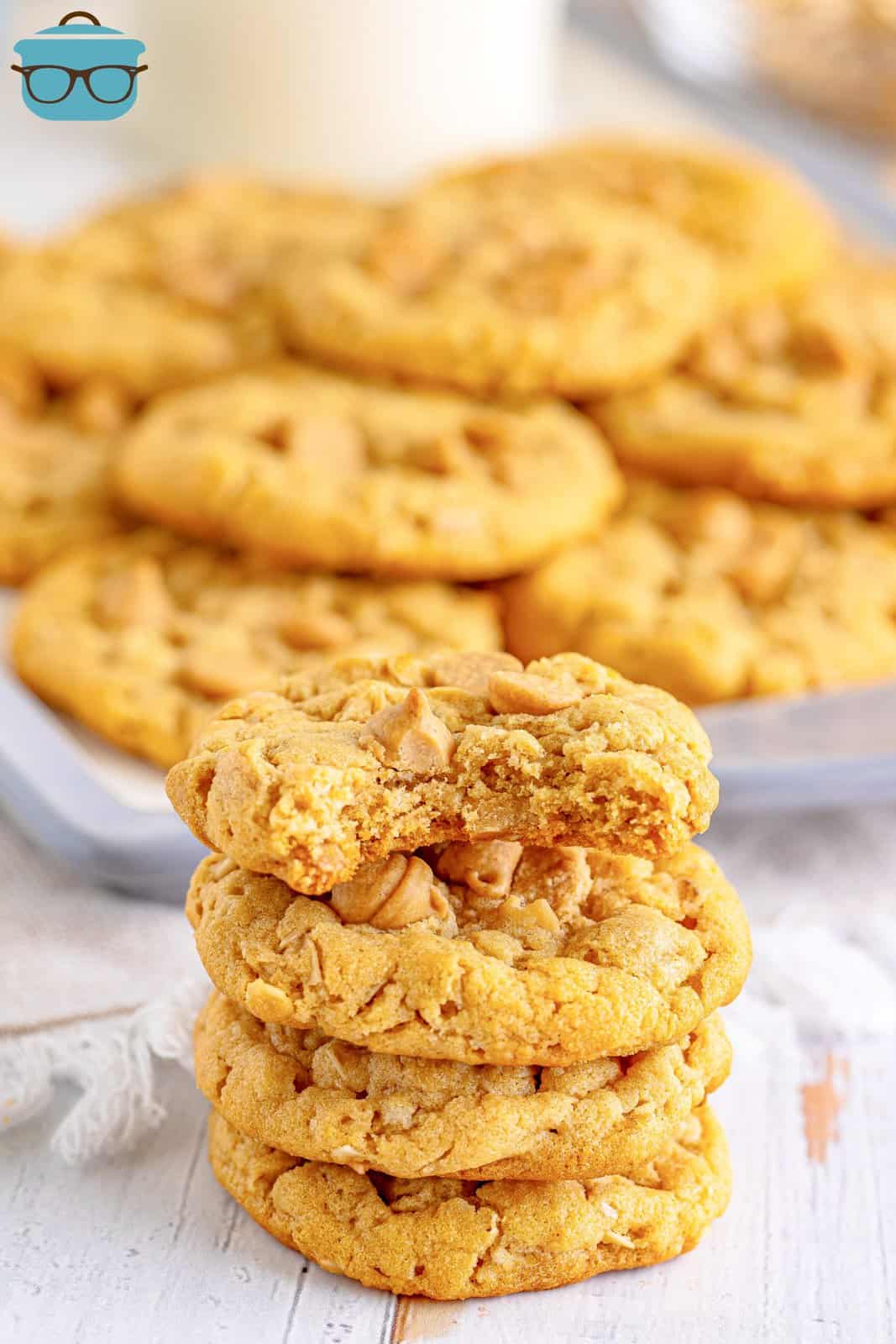 Four stacked Peanut Butter Oatmeal Cookies with bite taken out of top one.