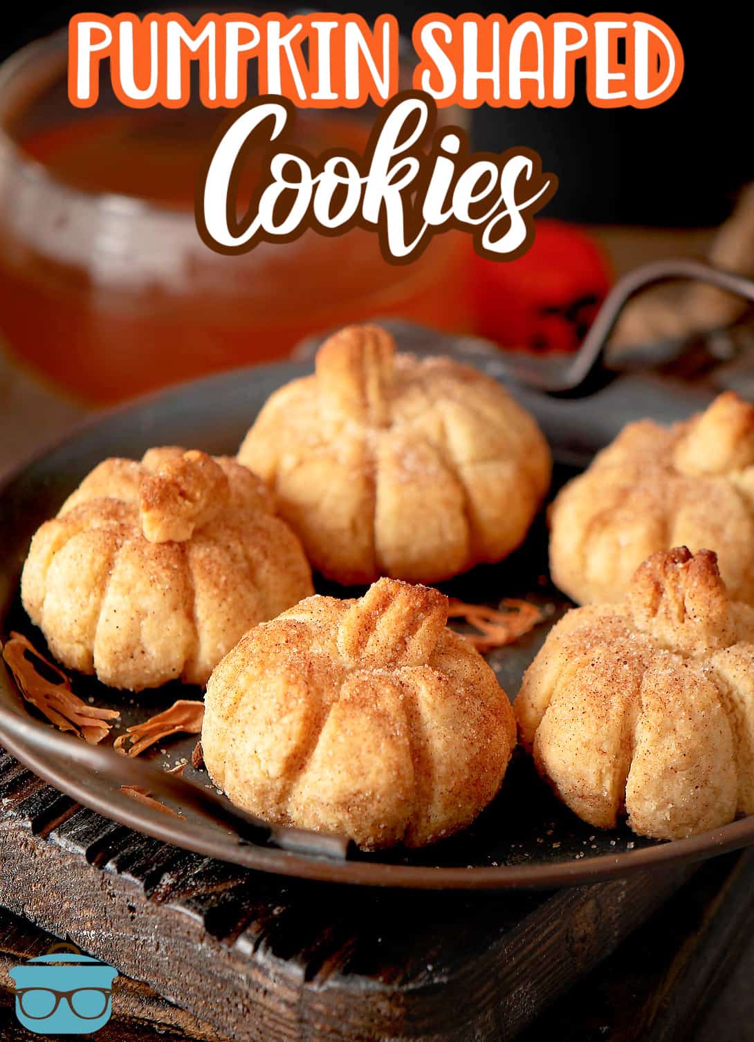 Pinterest image of Pumpkin Shaped Cookies on handled platter.