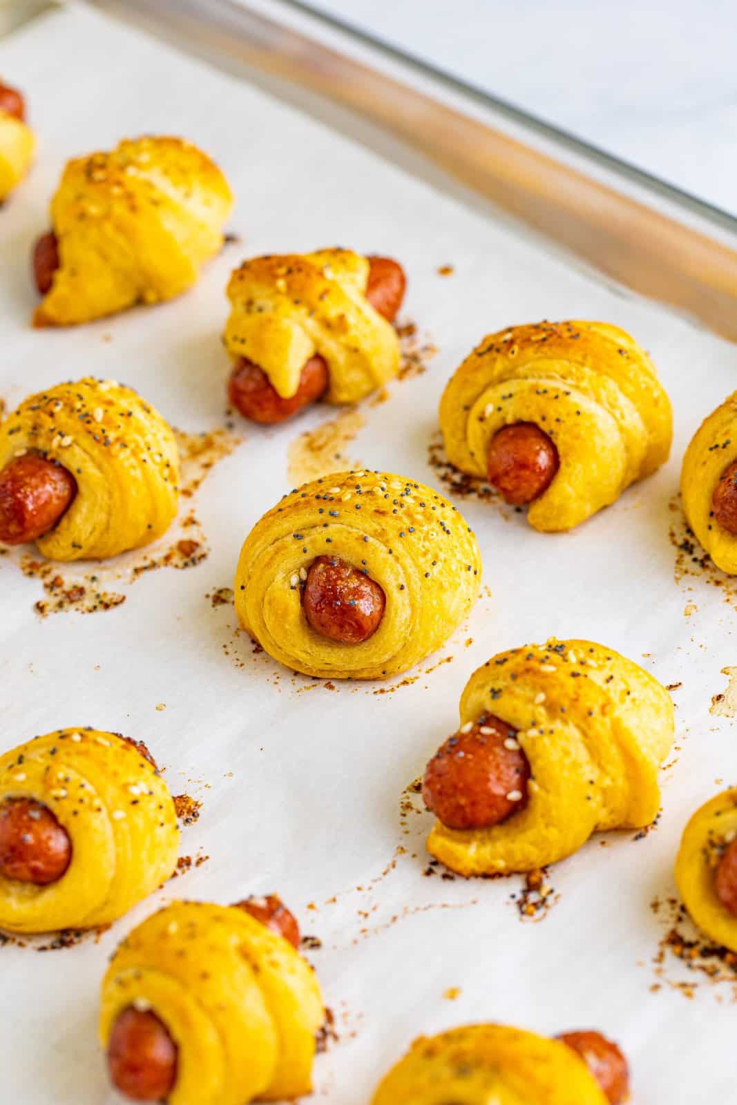 Finished Pigs in a Blanket on baking sheet.