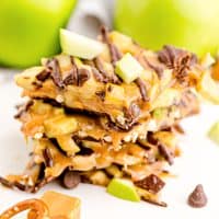 Close up square image of stacked Caramel Apple Bark.