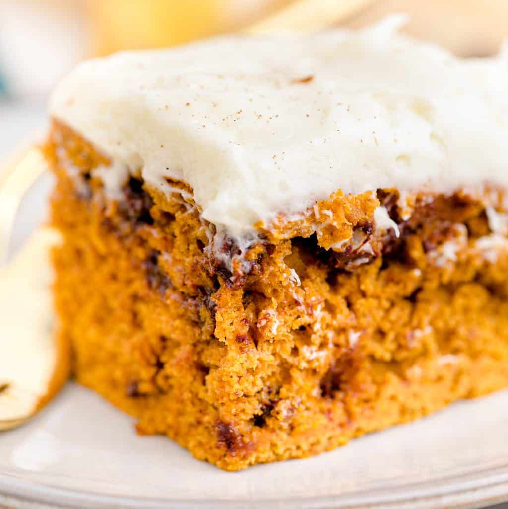 Close up square image of Pumpkin Chocolate Chip Cake frosted on white plate.