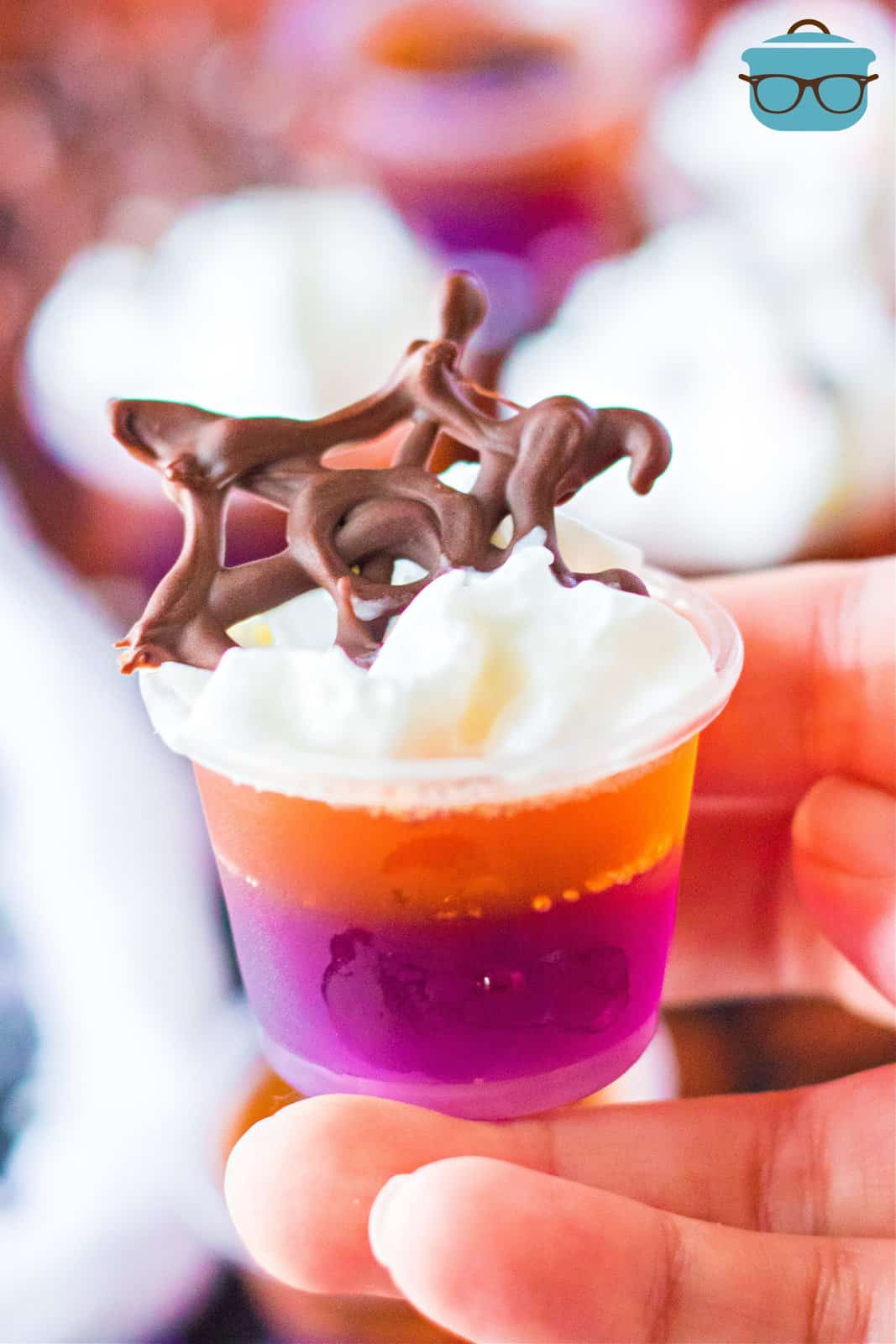 Hand holding up one of the Hocus Pocus Jell-O Shots decorated with a chocolate spiderweb.