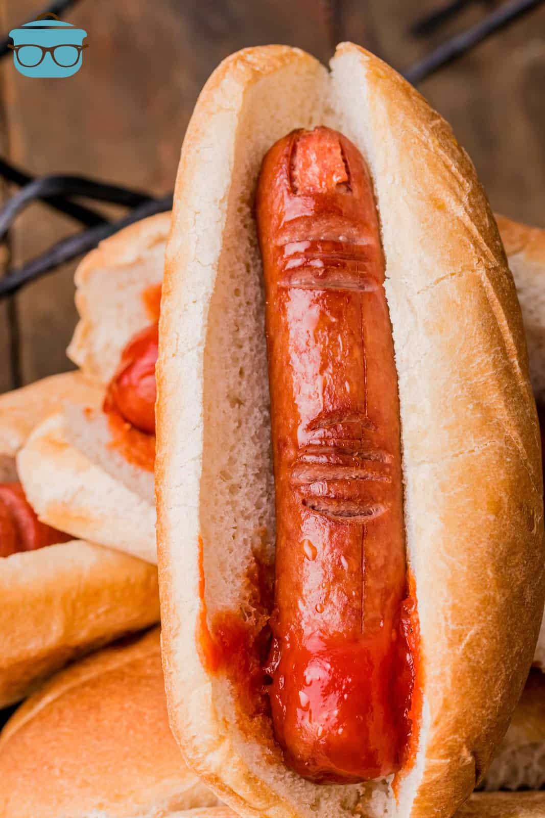 Close up of one of the Halloween Hot Dog Fingers propped up.