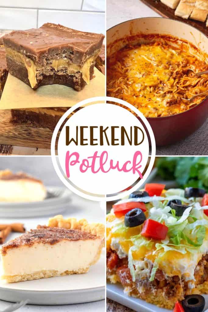 Weekend Potluck featured recipes include: Sugar Cream Pie, Spaghetti Casserole, Layered Peanut Butter Brownies. Cornbread Taco Bake.