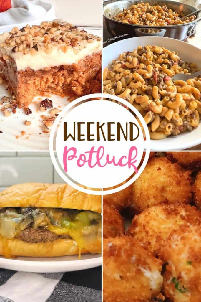 Weekend Potluck featured recipes: Cube Steak Sandwiches, Crab Rangoon Bombs, Pumpkin Pie Dump Cake and Queso Macaroni and Cheese with Taco Beef.