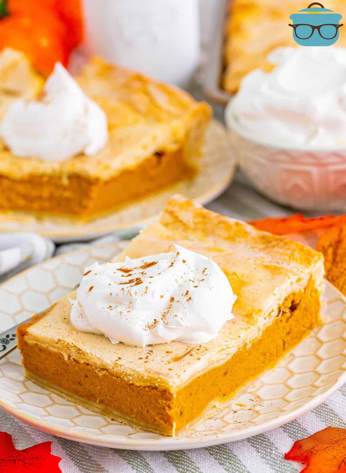 Slice of Pumpkin Slab Pie on plate topped with whipped cream and pumpkin pie spice.