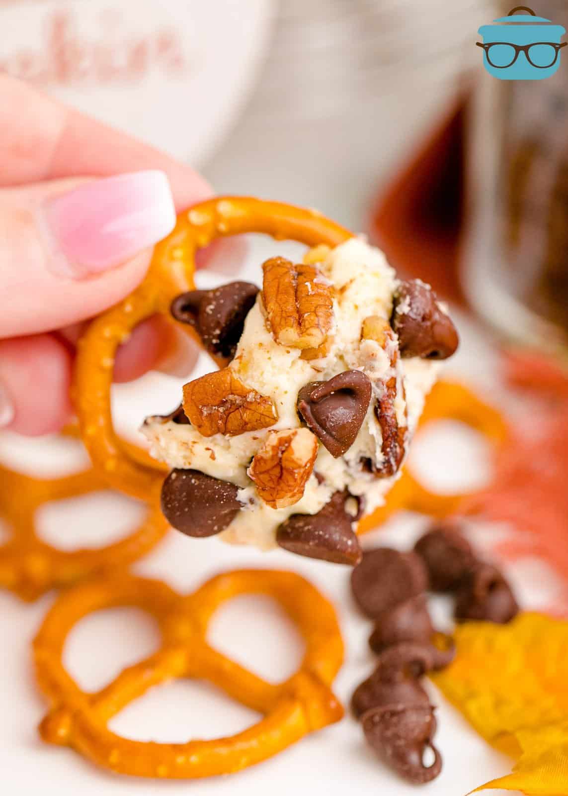Hand holding up a pretzel that has been dipped into the Turkey Dessert Cheeseball.