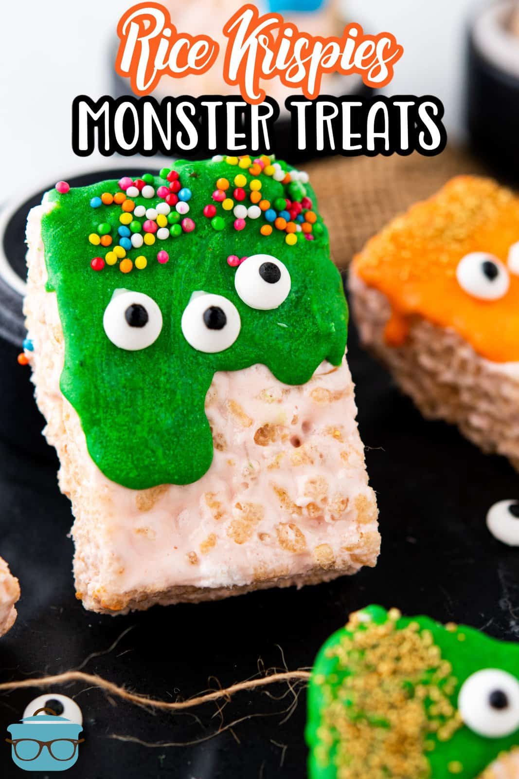 Pinterest image close up of one of the Halloween Rice Krispies Monsters.