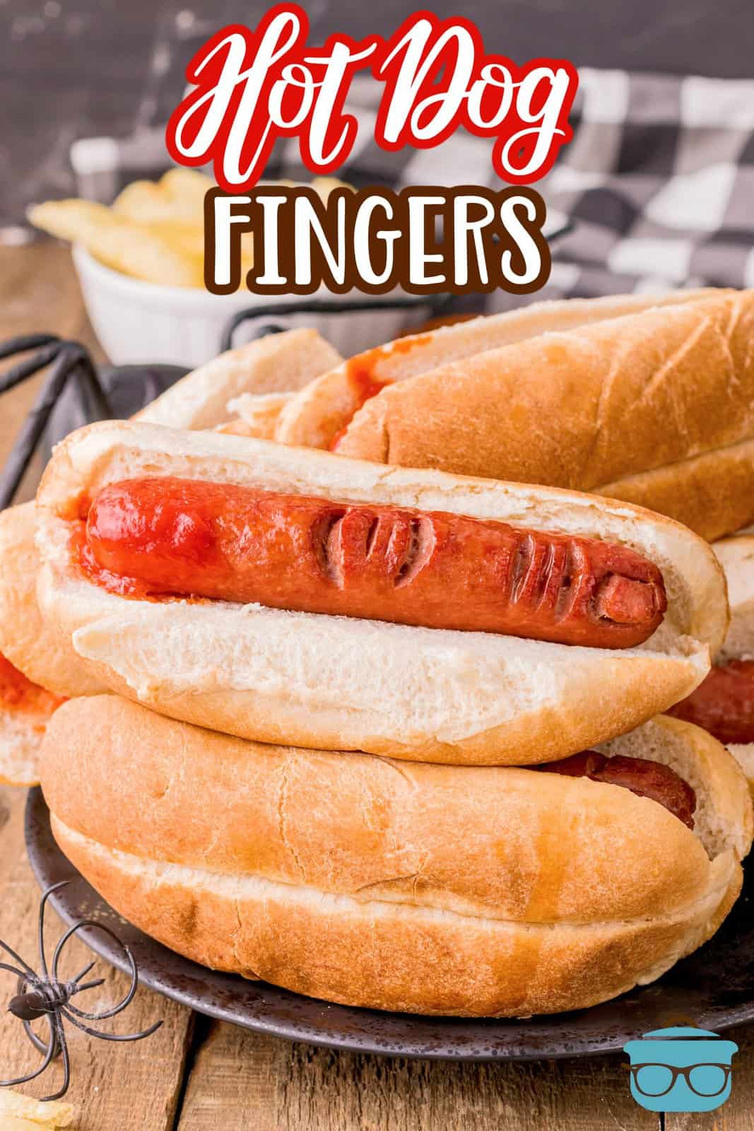 Pinterest image of stacked Halloween Hot Dog Fingers.