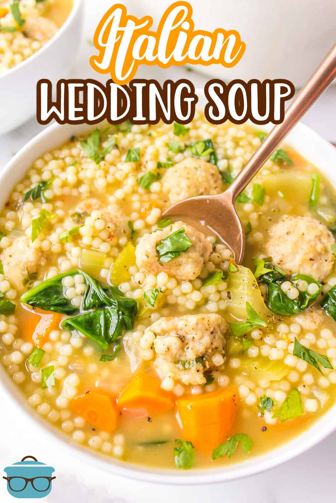 Close up of Italian Wedding Soup in white bowl with spoon, Pinterest image.