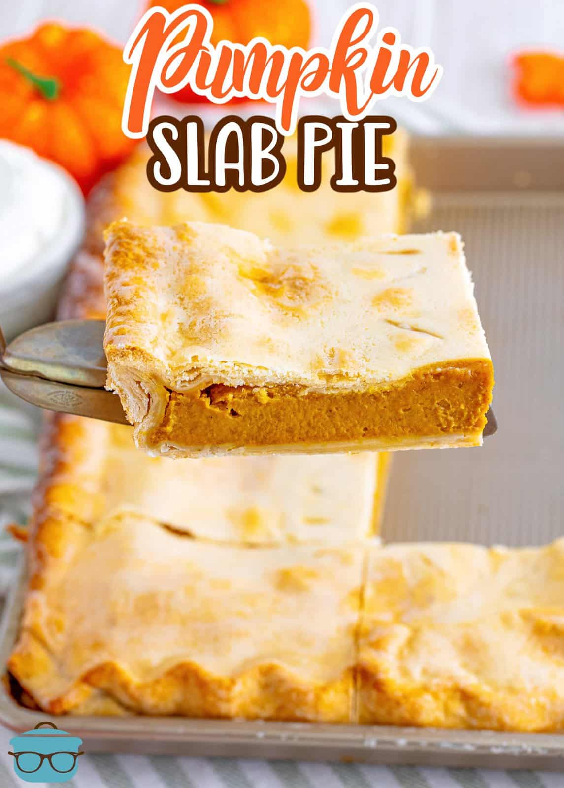 slice of pumpkin slab pie being lifted up with a pie server. 