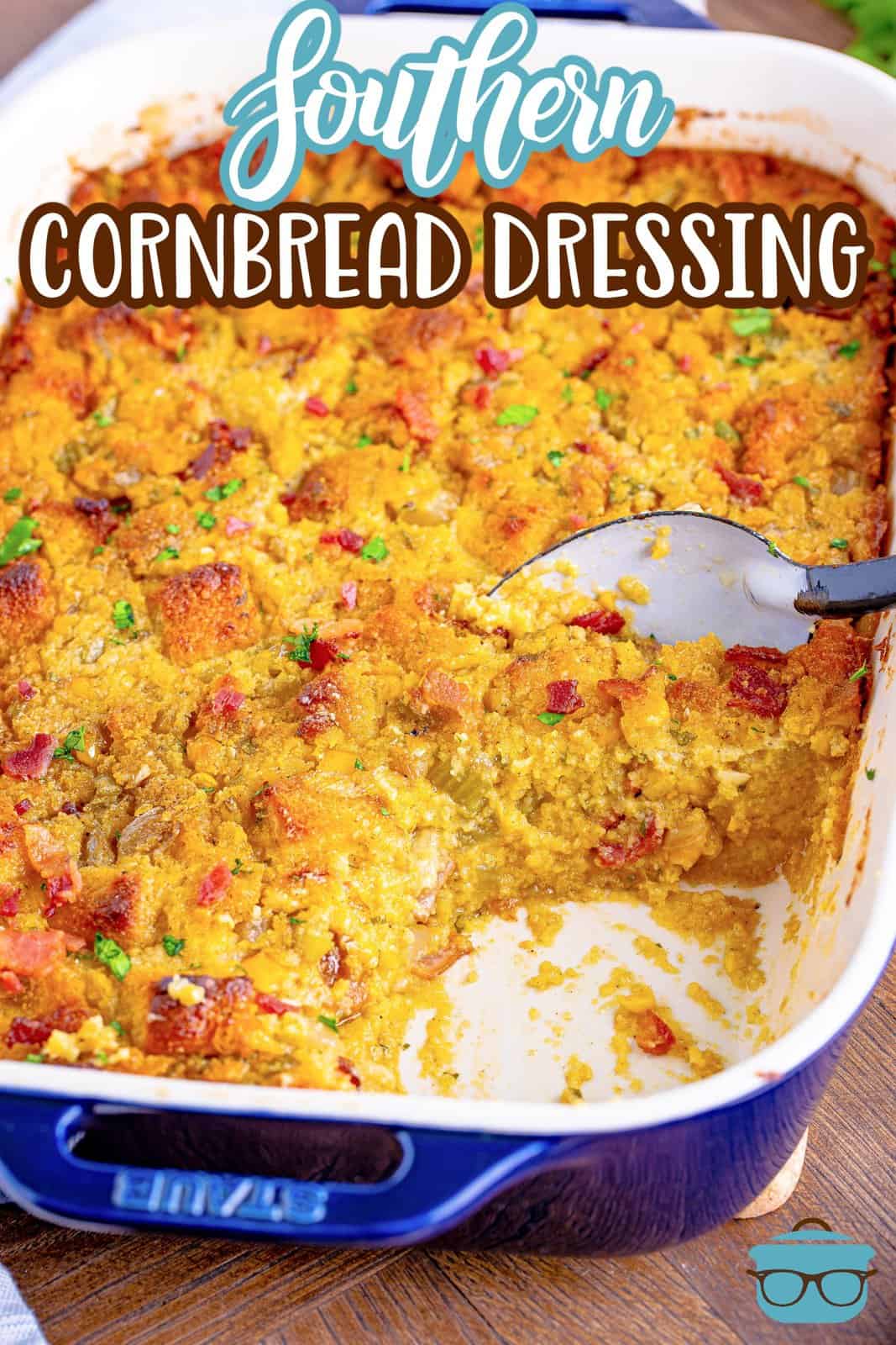 Pinterest image of Southern Cornbread Dressing with a scoop taken out with spoon in baking dish.
