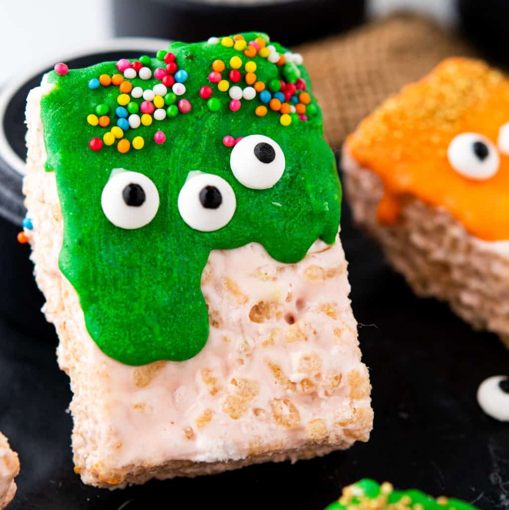Close up square image of one of the Halloween Rice Krispies Monsters.