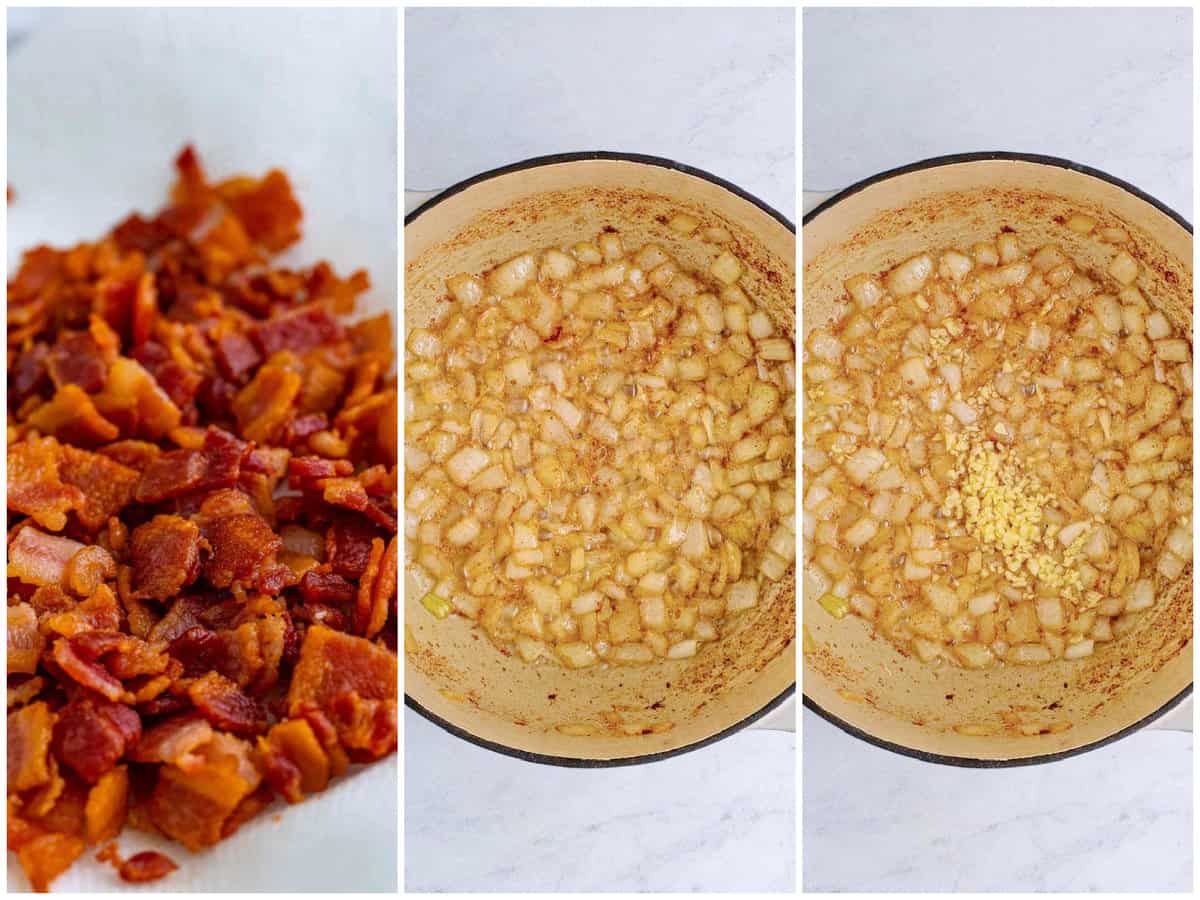 a collage of three photos: cooked and crumbled bacon on paper towel, cooked diced onion in a dutch oven, garlic added to cooked onion in pot. 