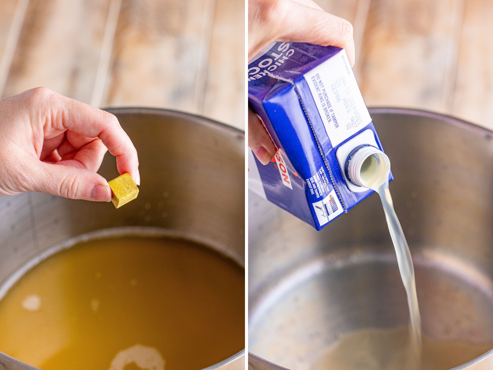 Chicken bouillon cube being dropped in a pot and then a pot where someone is pouring in chicken stock.