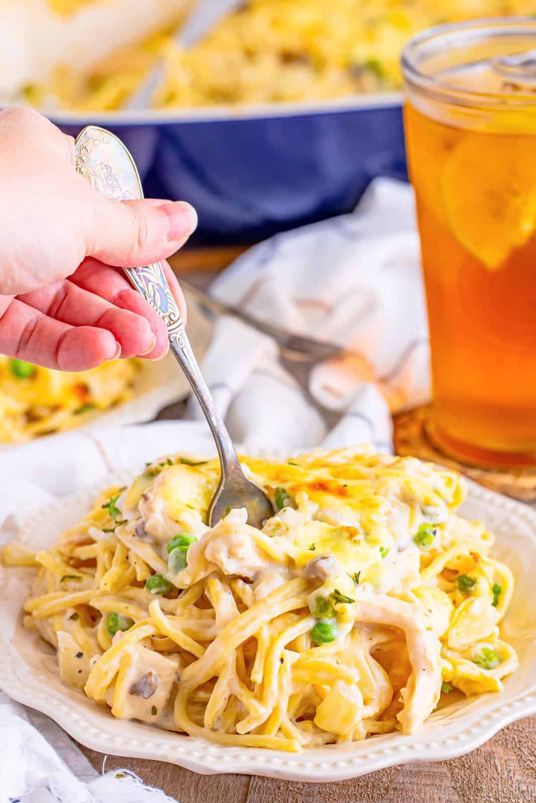 White plate with Easy Chicken Tetrazzini with fork going into pasta.