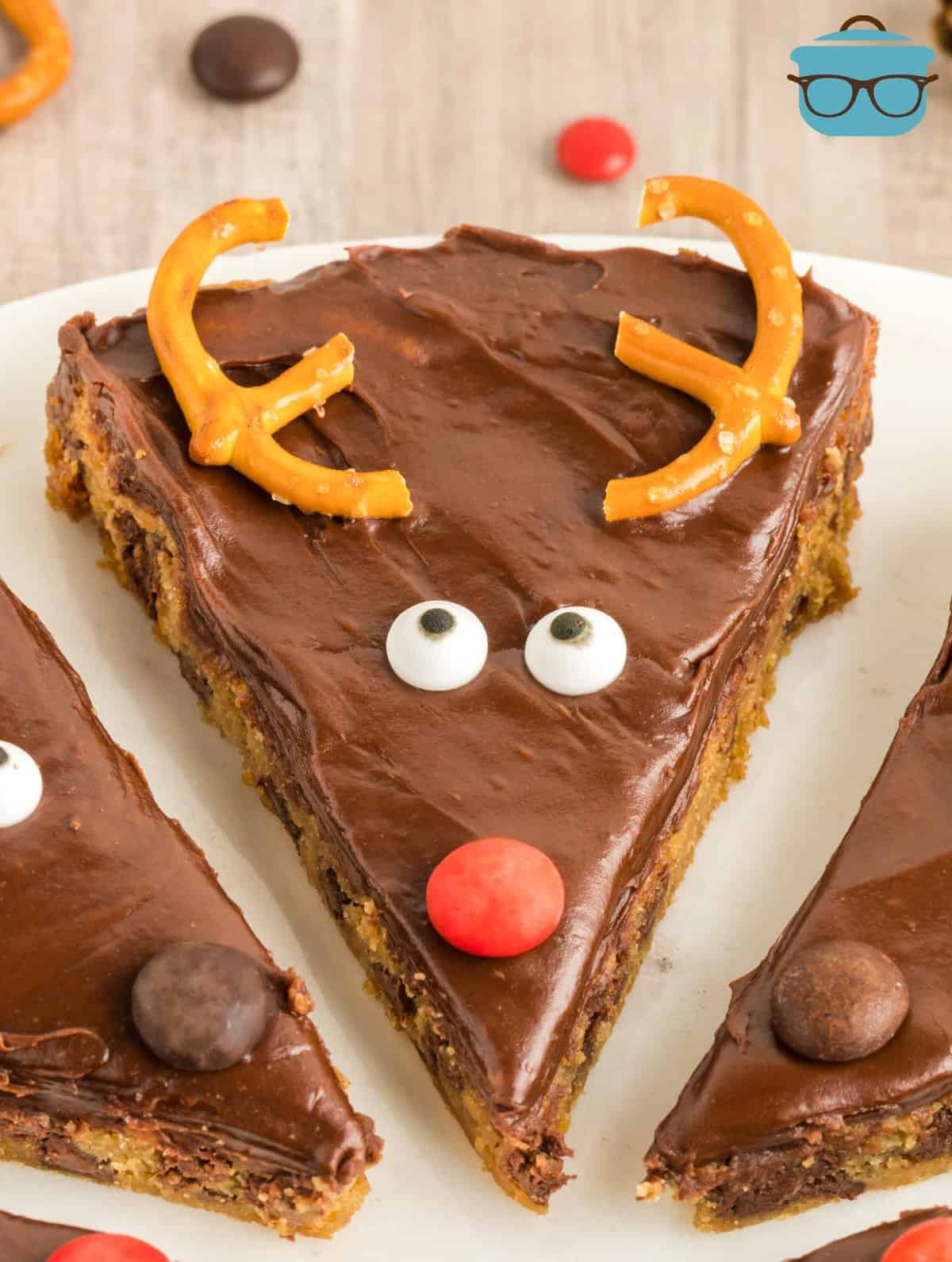 Close up of one of the Reindeer Cookie Bars on white platter.
