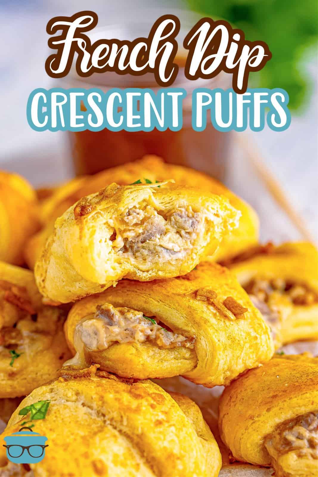 Close up of stacked French Dip Crescent Puffs showing filling, Pinterest image.