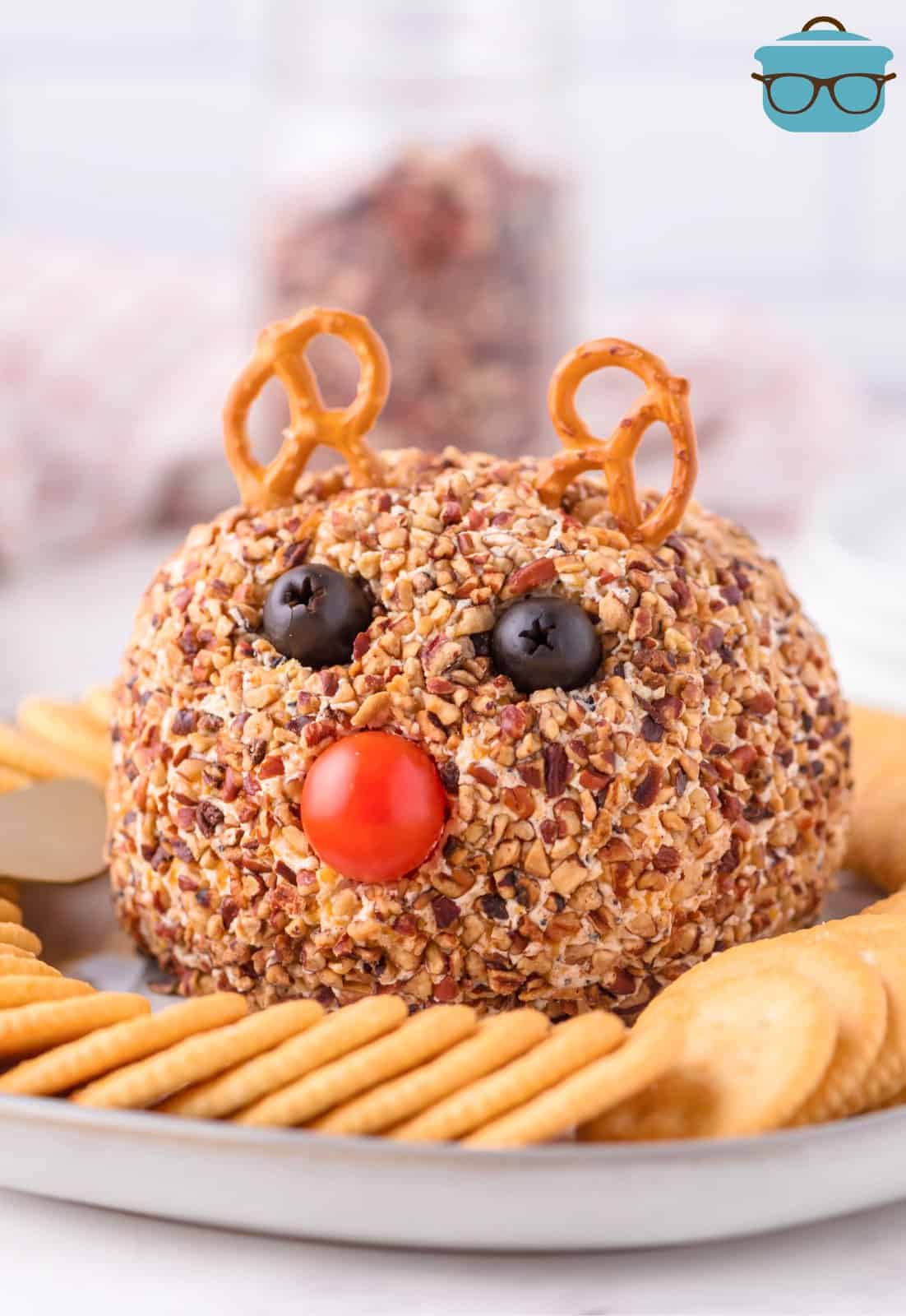 Rudolph Cheeseball on platter with crackers.