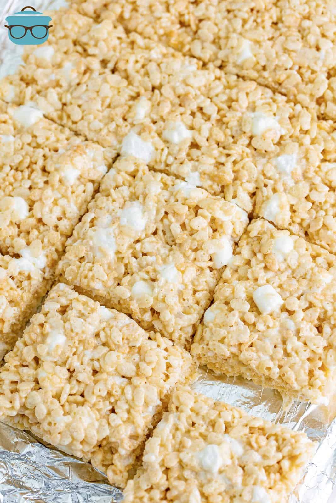 Some freshly made Rice Krispie Treats just cut into squares.