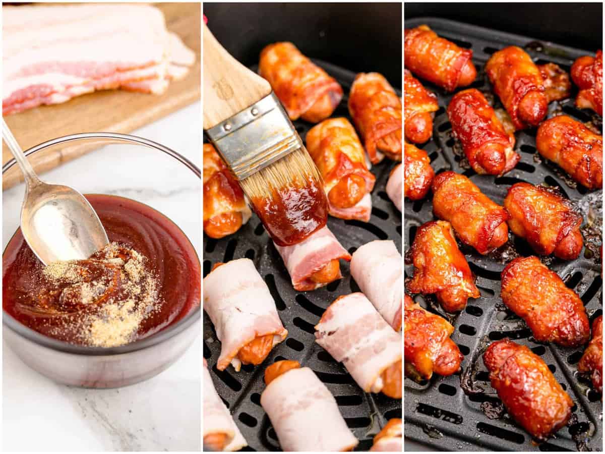 collage of three photos: a spoon shown mixing together barbecue sauce and garlic powder in a small clear bowl; brushing BBQ sauce on sausages in air fryer; fully cooked bacon wrapped sausages in air fryer. 