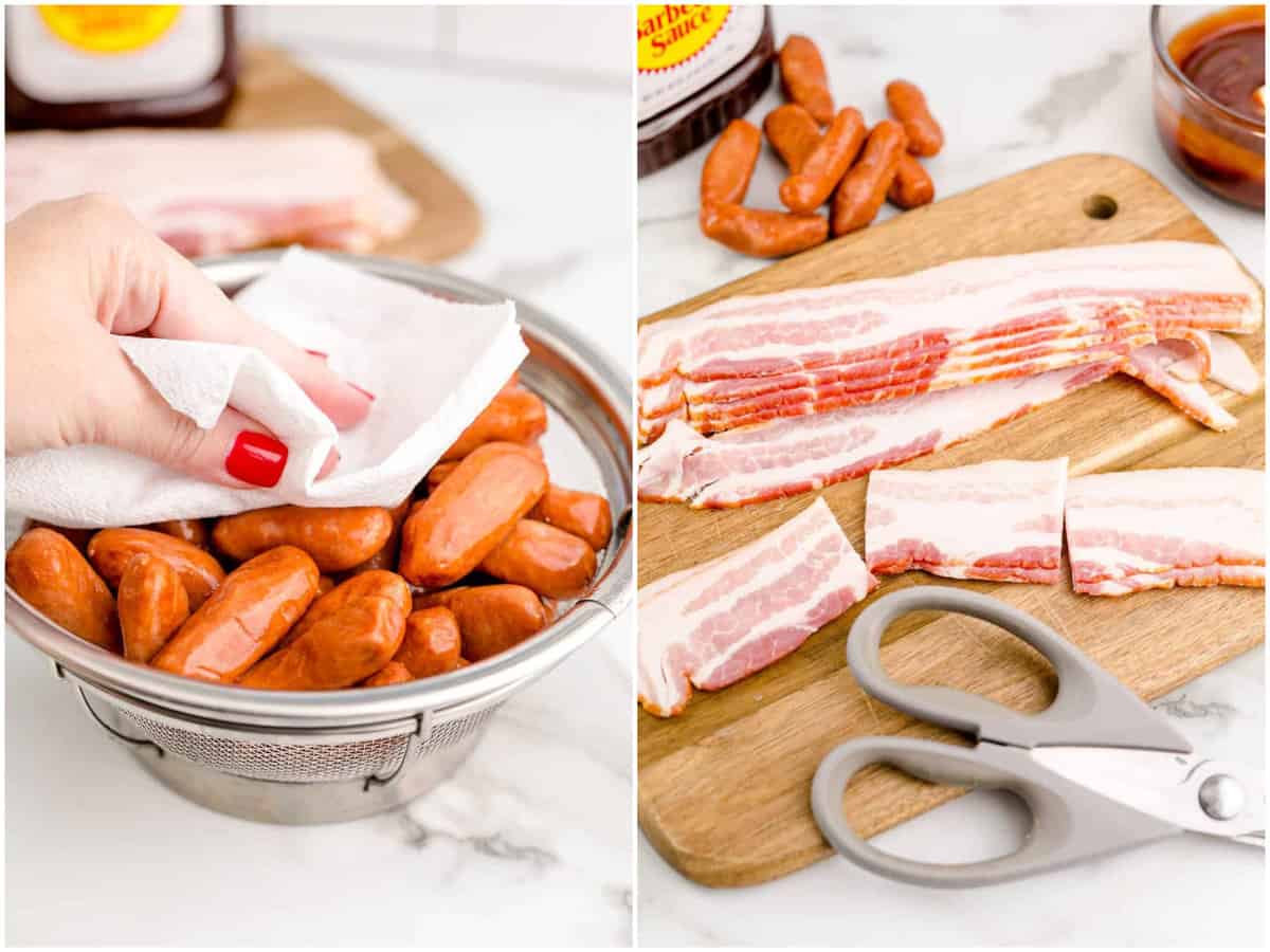 collage of two photos: patting cocktail sausages dry with a paper towel; bacon shown cut into three pieces on a cutting board with kitchen scissors.