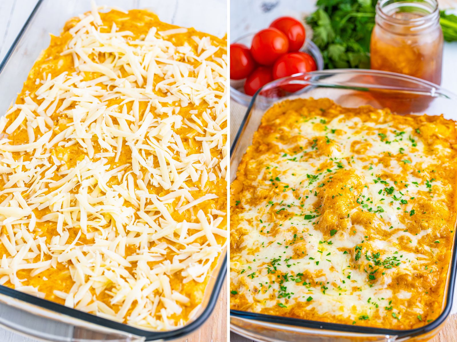 A cheese topped Enchilada Bake and a fresh out of the oven Chicken Enchilada Bake in a baking dish.