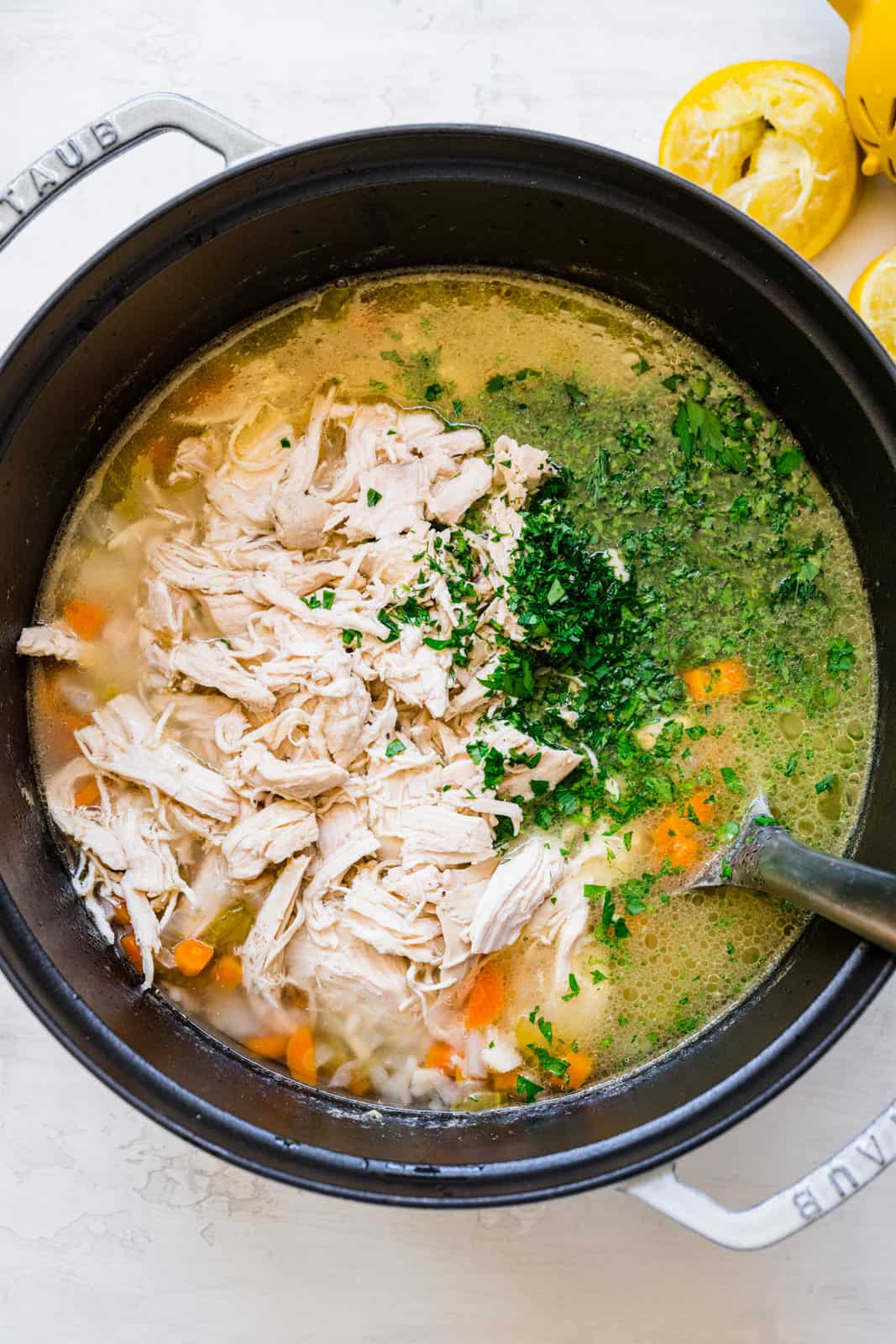 sliced chicken, parsley and dill added to stock pot.