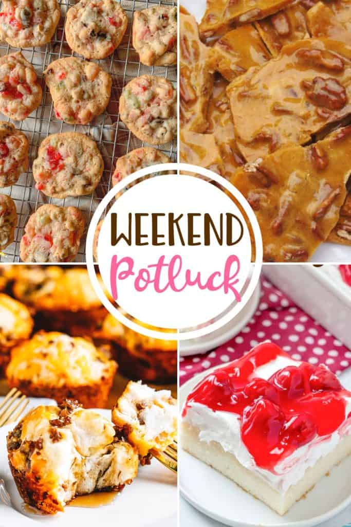 Weekend Potluck recipes: Pineapple Cherry Nut Cookies, Easy Microwave Pecan Brittle, Sausage Breakfast Muffins and Cherries in the Snow Cake!
