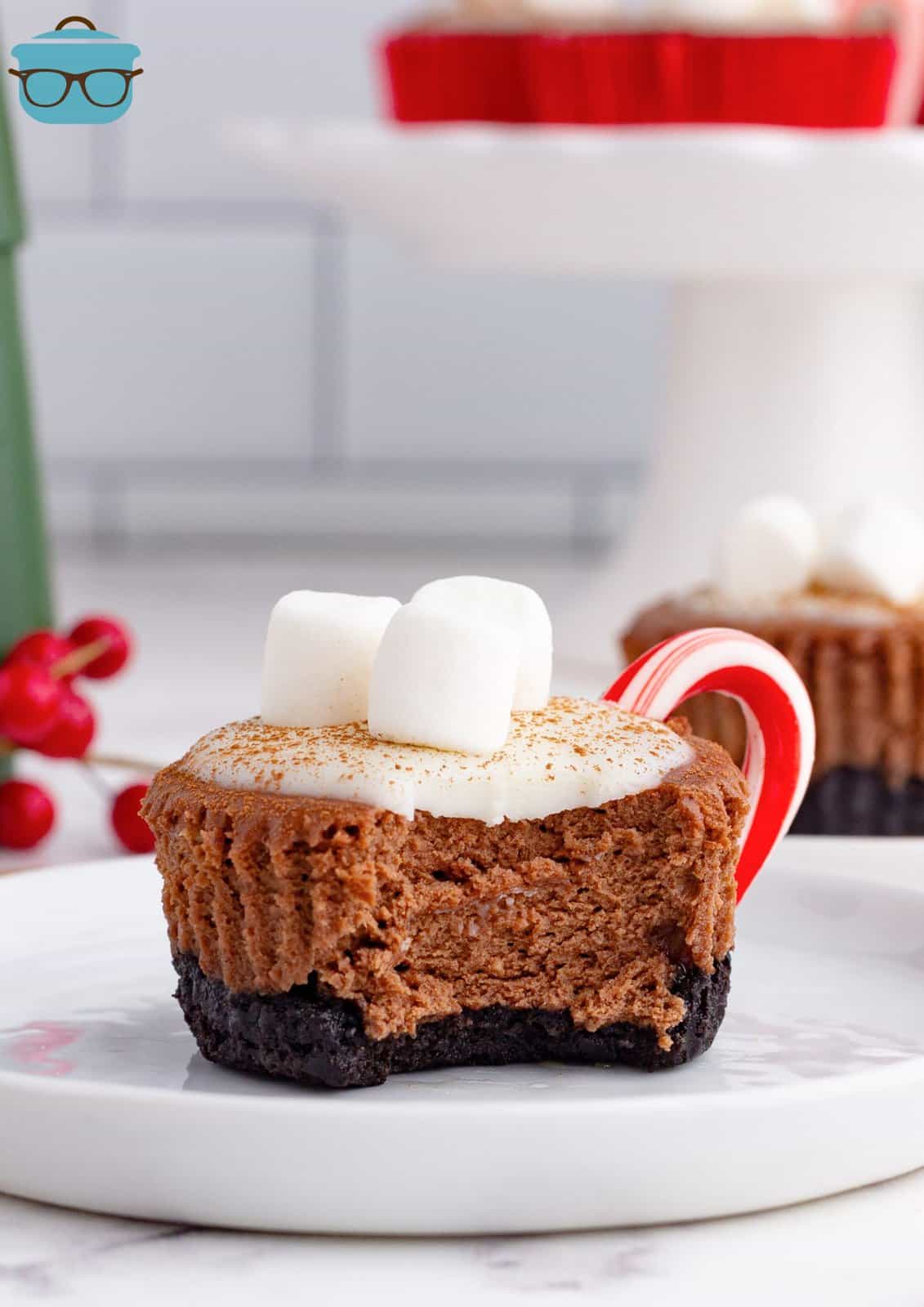 a single hot cocoa cheesecake on a white plate with a bite removed from the cheesecake. 