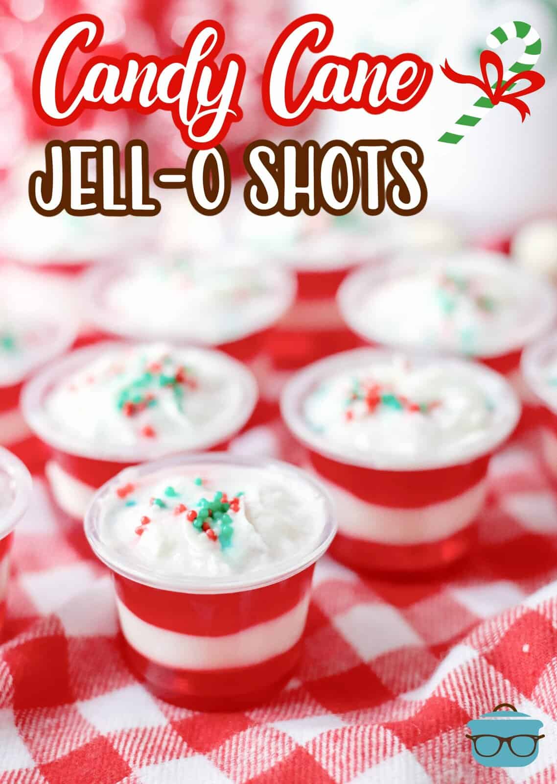 Pinterest image of finished and garnished Candy Cane Jell-O Shots.