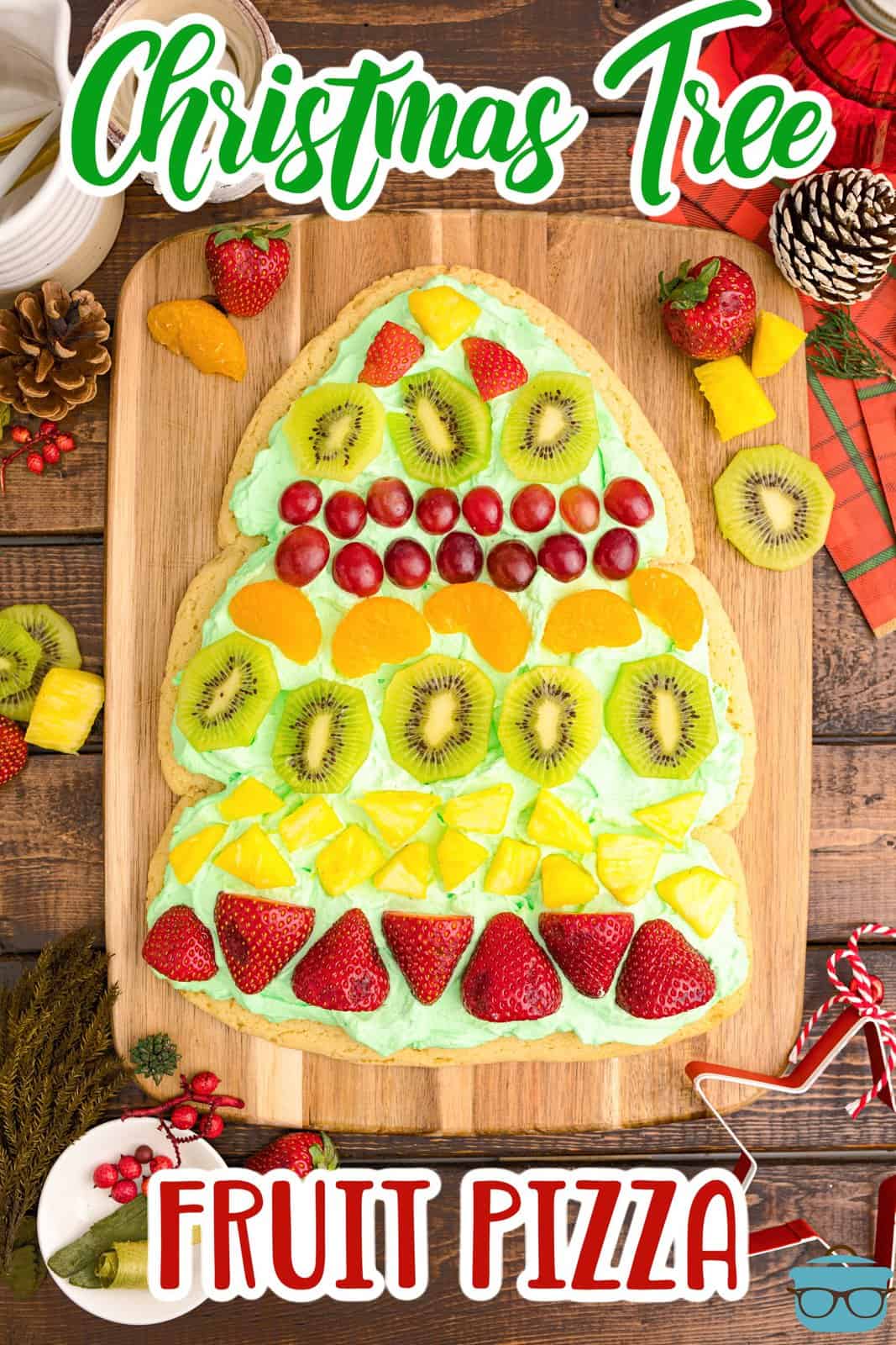 Pinterest image of finished Christmas Tree Fruit Pizza.