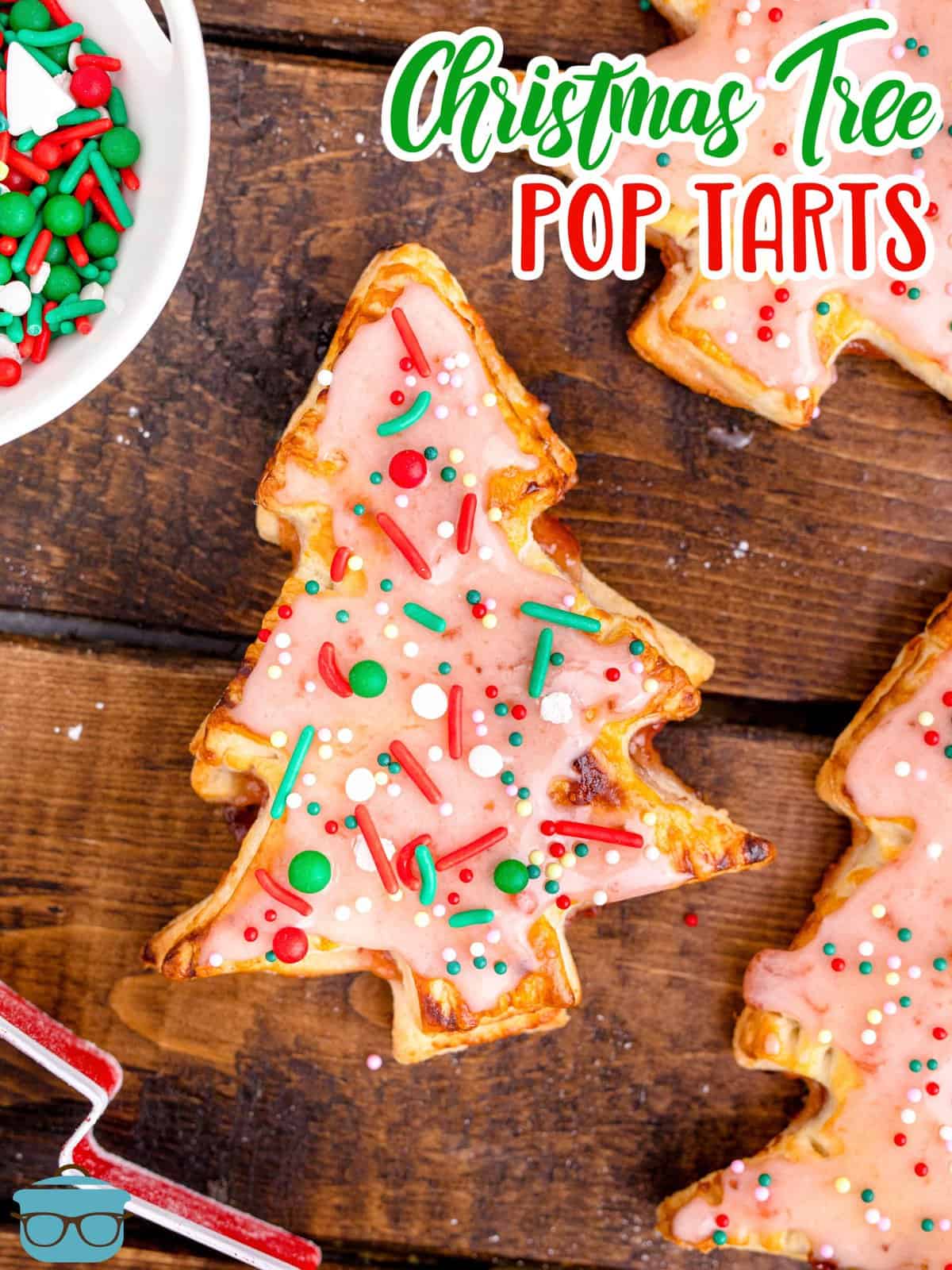 Pinterest image overhead of one finished of the Christmas Tree Pop Tarts.