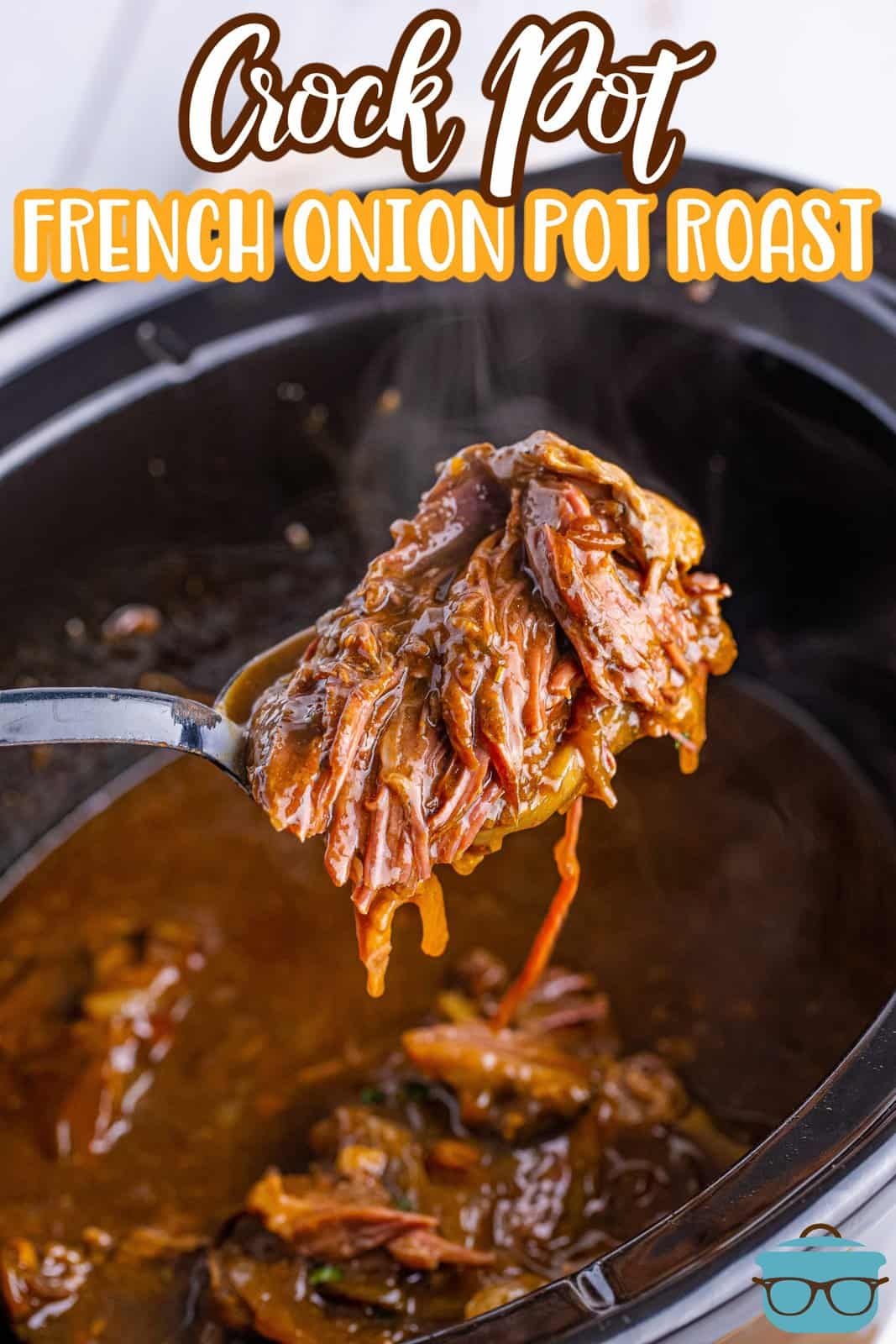 A utensil with a bite of French Onion Pot Roast above a Slow Cooker insert.