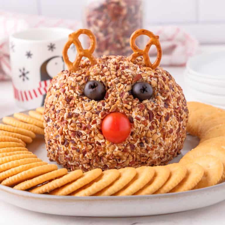 Close up square image of finished Rudolph Cheeseball on platter with crackers.