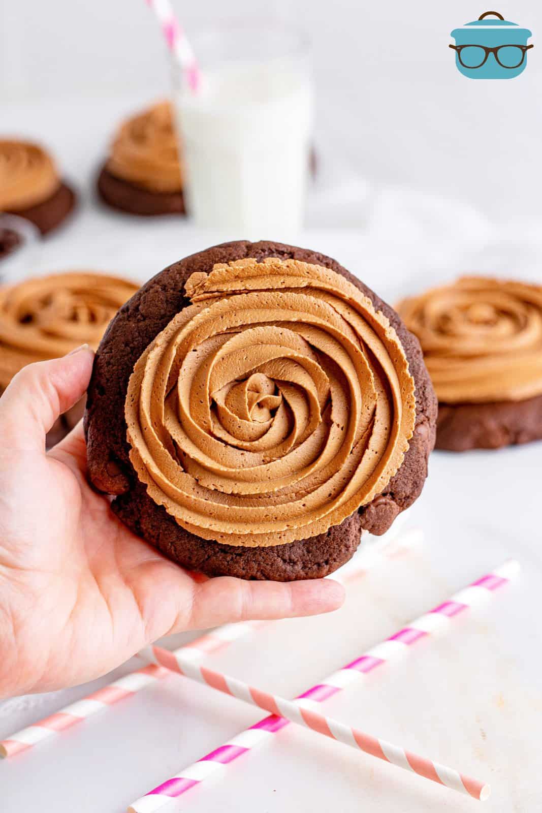 A chocolate frosted chocolate cake cookie.