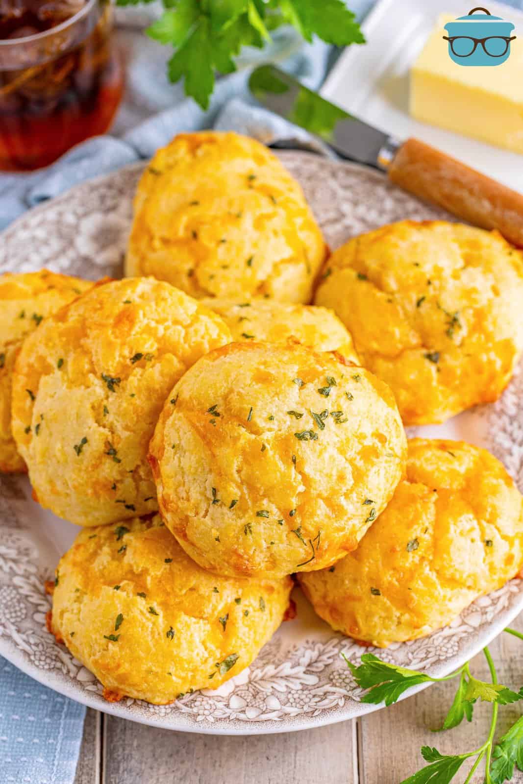 Looking down on a plate of Copycat Red Lobster Cheddar Bay Biscuits.