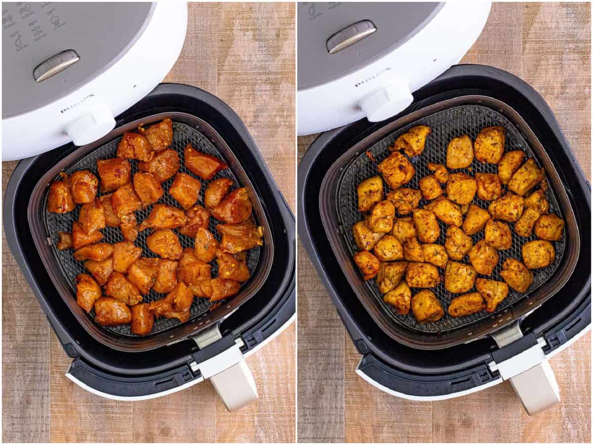 collage of two photos: seasoned chicken bites in an air fryer basket before cooking; fully cooked chicken bites in the air fryer basket. 