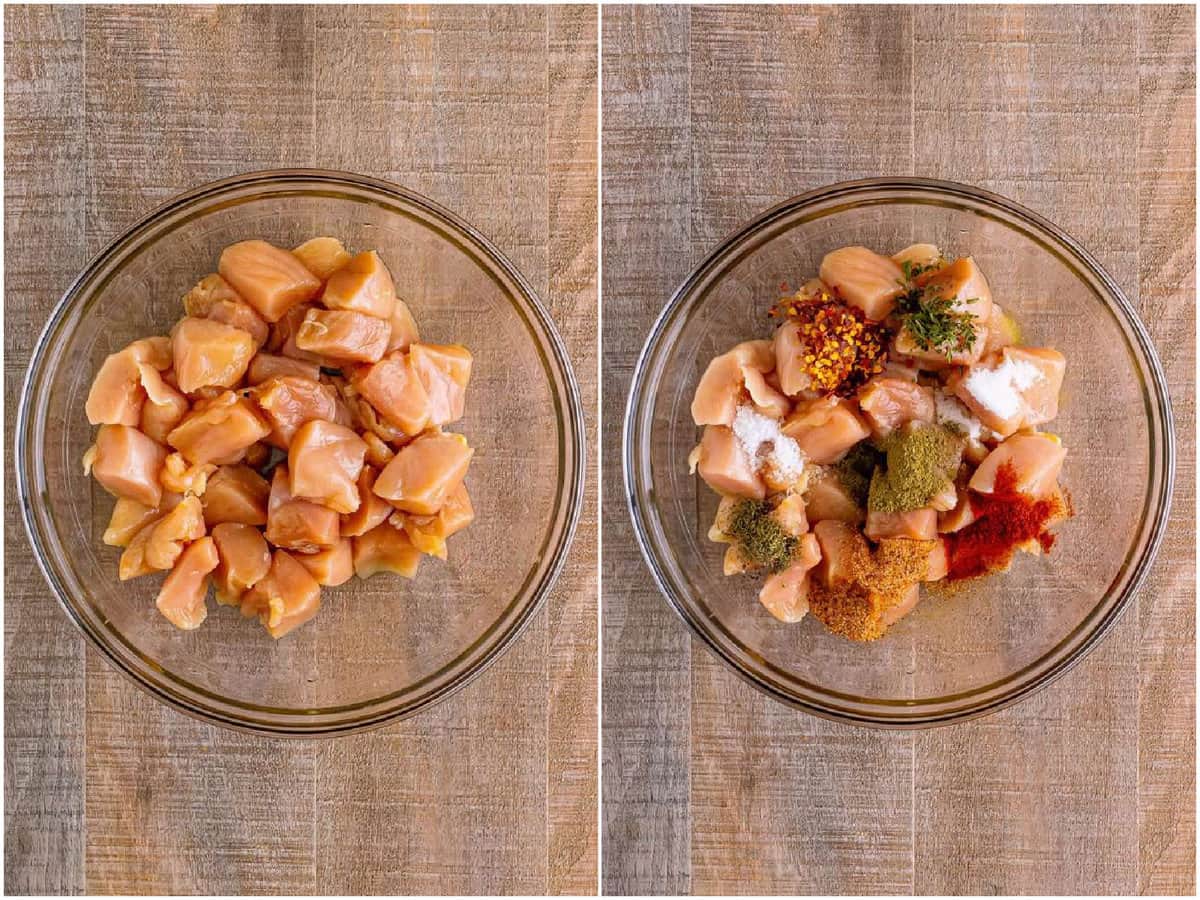 collage of two photos: cut up chicken breasts in a glass bowl; seasonings added to chicken in a bowl 