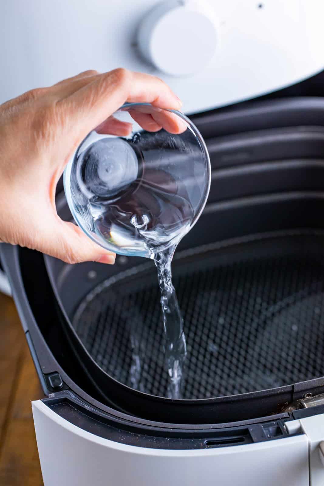 A hand pouring water into an Air Fryer.